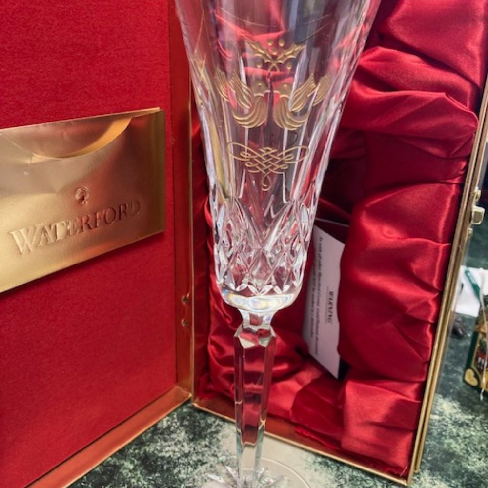 Waterford Lismore 12 Days of Christmas Crystal GOLD Flute 2 Turtle Doves